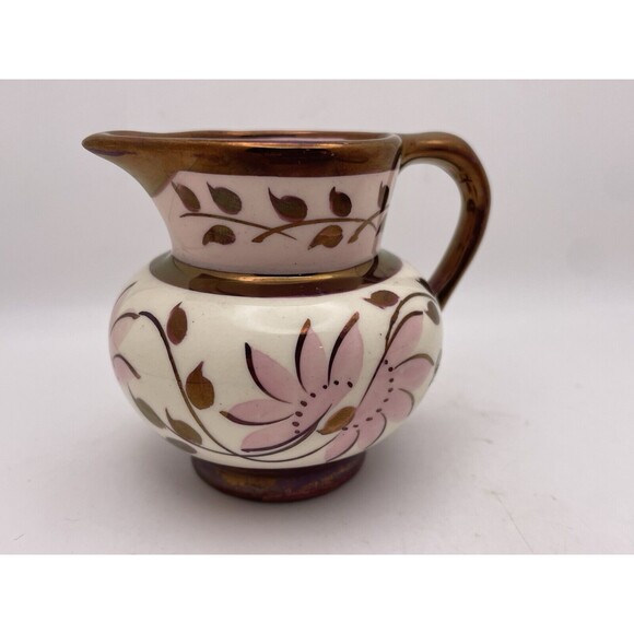 Staffordshire U.K. Pink Copper Luster Small Pitcher Bowl Old Castle Early 1900's - Picture 3 of 7